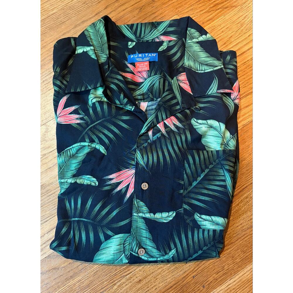 Puritan Hawaiian Camp Shirt Men’s XL Black Tropical Floral Rayon Button Front